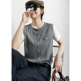 女2025新款 潮葩 宽松毛感针织衫 拼接假两件 春秋上衣 灰色圆领短款