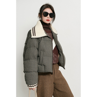 潮葩 撞色针织海军领 复古灰色条纹短款羽绒服女冬季新款加厚外套
