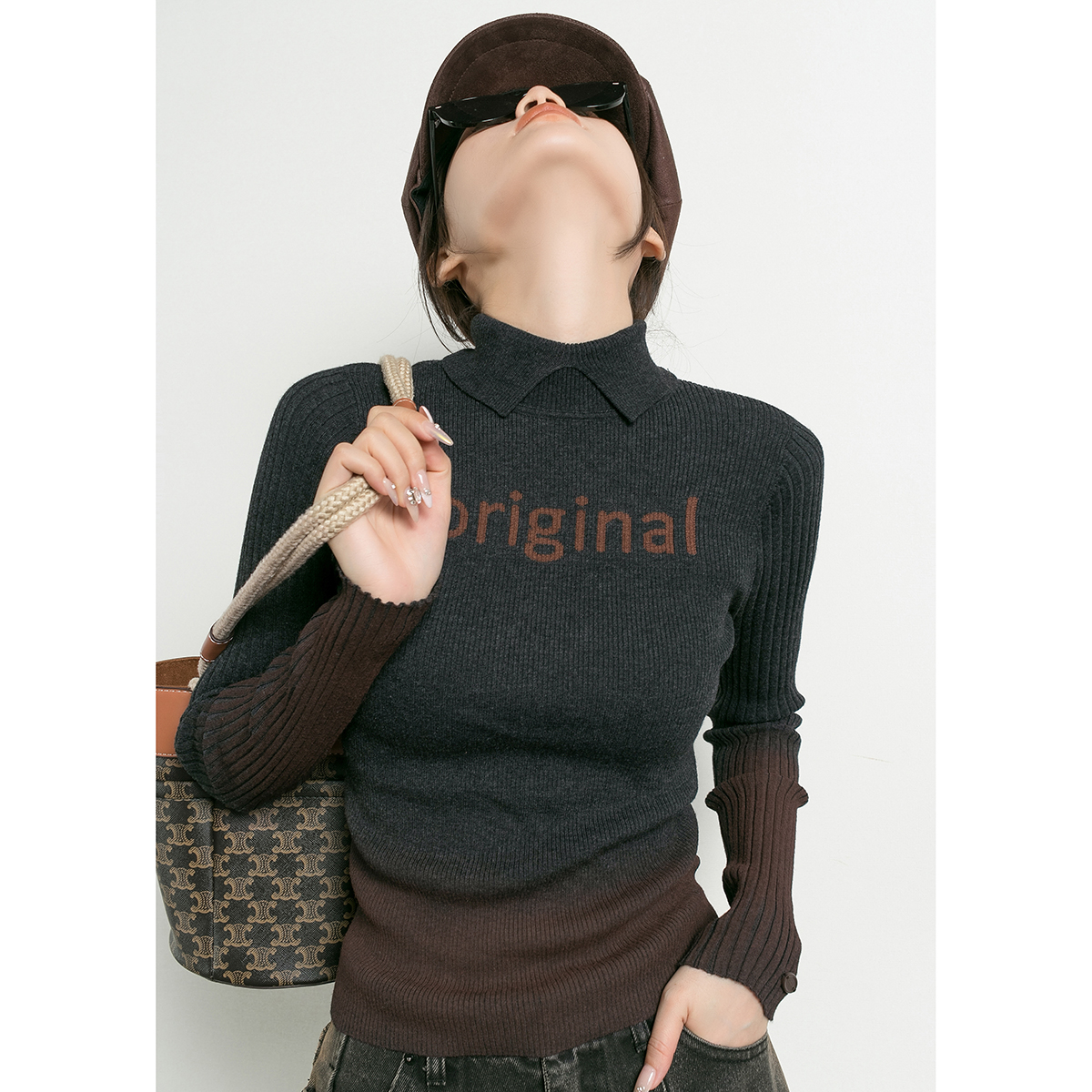 翻边半高领灰棕渐变羊毛毛衣女