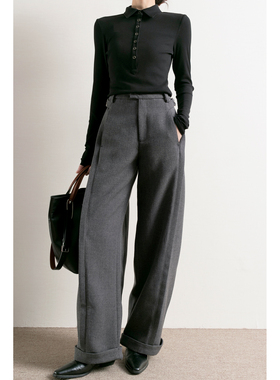 TidePA | 矜贵Grey系 羊毛裤可调节腰灰色厚款休闲弯刀裤女卷边