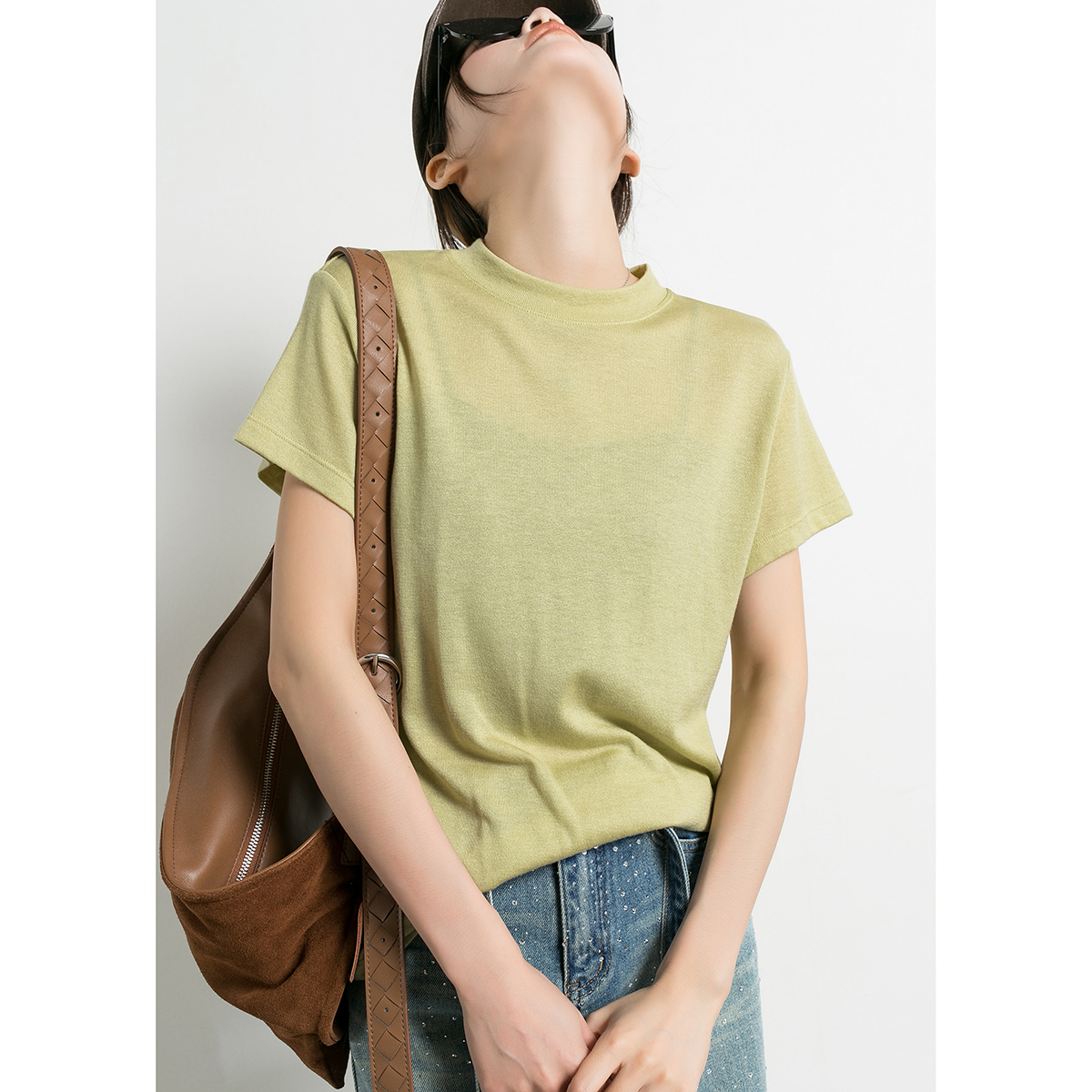 亲肤50羊毛百搭绿色短袖针织T恤