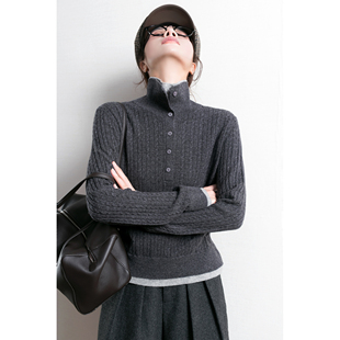 女毛衣 气质chic假两件1oo%羊毛麻花针织衫 TidePA Grey格雷系