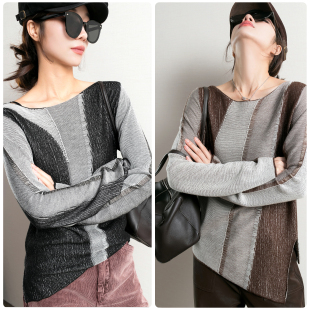 针织衫 不规则纹理剪裁拼色低圆领长袖 女 VogueDesign TidePA