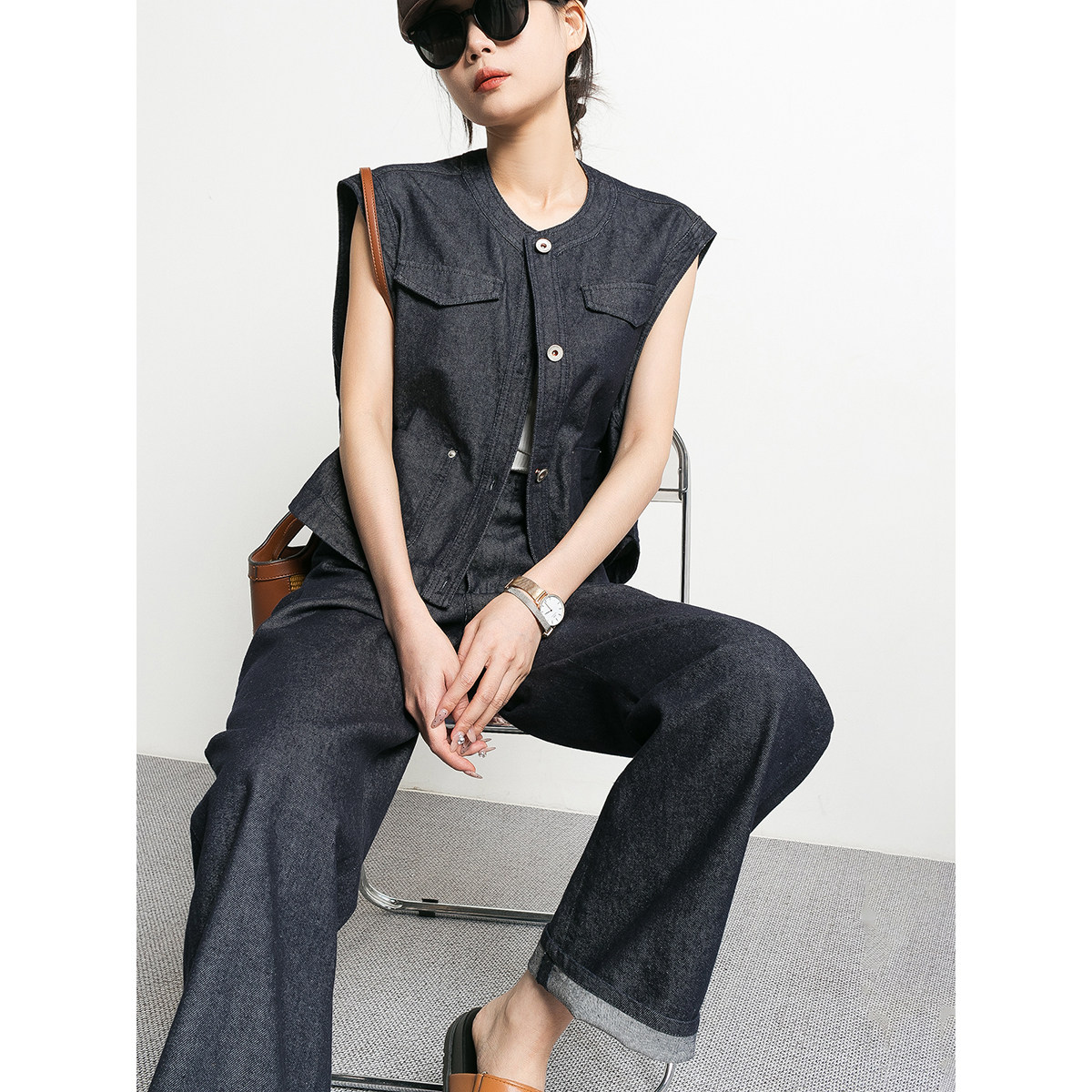 清仓|高级感复古 深蓝色牛仔套装女2026新款春秋马甲直筒裤两件套