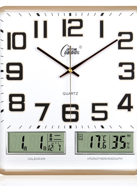 康巴丝温湿度钟表静音挂钟简约客厅电子钟方石英钟表卧室家用挂表