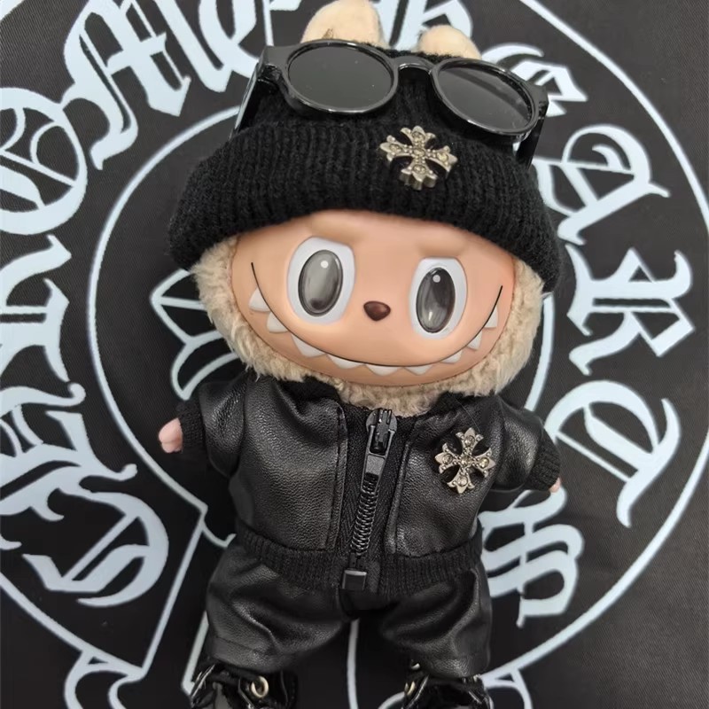 15/17cm拉布布娃衣labubu坐坐派对机车夹克潮酷皮衣帽子套装衣服