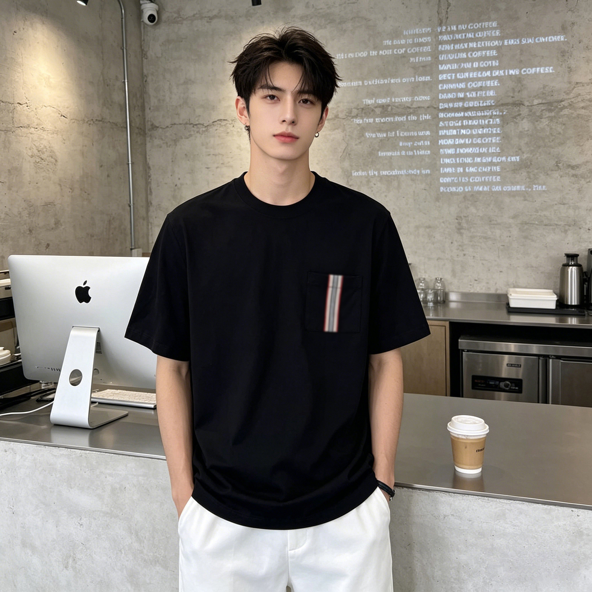 SEASON MARK新款口袋条纹纯色短袖休闲百搭舒适纯棉透气情侣款T恤