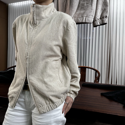 SEASONMARK立领亚麻混纺拉链外套