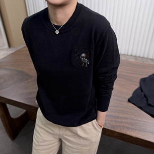 SEASONMARK胸口小猫刺绣针织衫时尚潮流百搭情侣保暖长袖毛衣秋冬