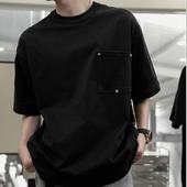 SEASONMARK新款 男 潮流简约百搭休闲T恤半袖 黑色铆钉圆领短袖 夏季