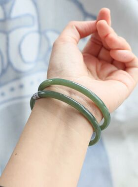 保真天然和田玉手镯58圈口证号295318且末蓝青色 新疆且末料圆条