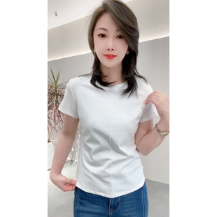 2026早春新款字母钉标压线设计百搭短袖T恤女显瘦纯色上衣