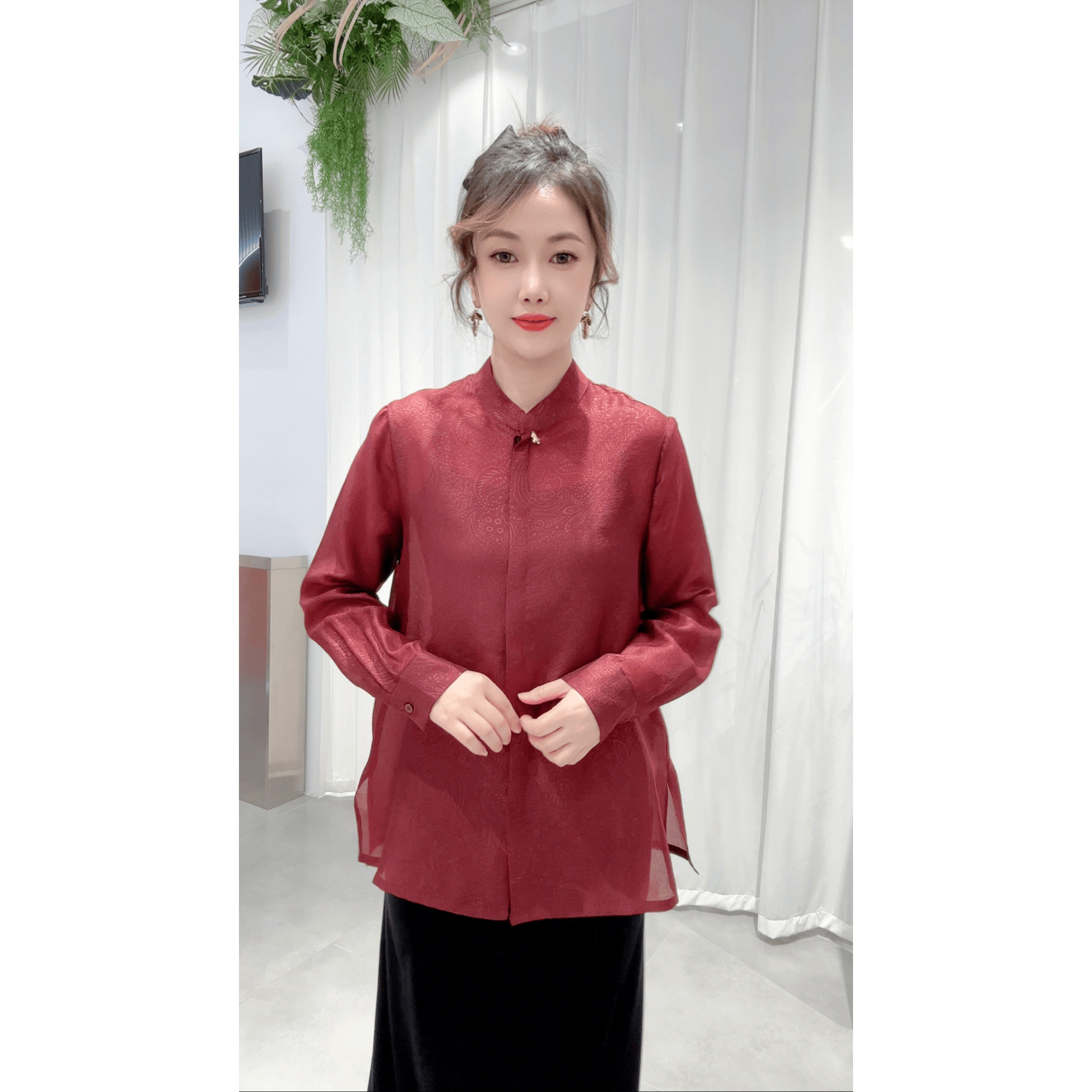 2026春季新款时尚气质休闲宽松立领长袖拼接复古衬衫女上衣潮