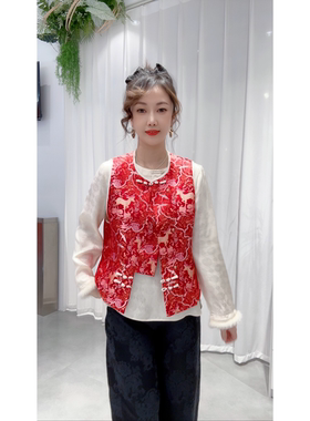 【马上红运】复古缎面提花新中式马甲背心女2026春款国风上衣马夹
