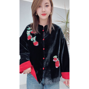 新中式国风丝绒短款棉服外套女秋冬2026新款钉珠亮片加厚唐装