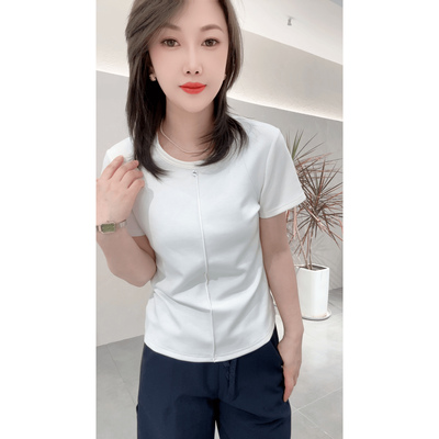 运动T恤女正肩修身透气空气棉短袖瑜伽服上衣收腰显瘦健身衣alo