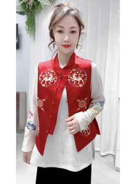 新中式宴会款工艺刺绣红色本命年马夹立领春秋季百搭气质女马甲潮
