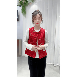 大红色喜气盈盈重工绣花无袖 新中式 马甲背心缎面马夹 喜上枝头