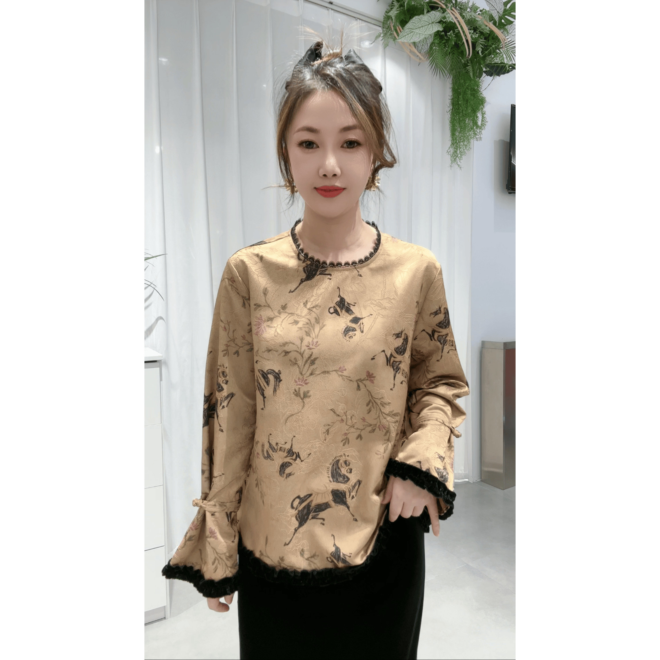 新中式花边领设计感印花唐装衬衫盘扣大码雪纺丝减龄外穿上衣春,女装/女士精品,T恤,淘宝优惠券,粉丝福利购,淘宝优惠卷