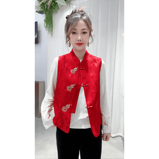 新中式葫芦提花马甲女 喜庆盘扣无袖坎肩 吉祥气质国风外搭背心