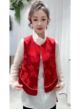 高端红色马甲上衣2026春季新款国风新中式洋气高级感提花外穿背心