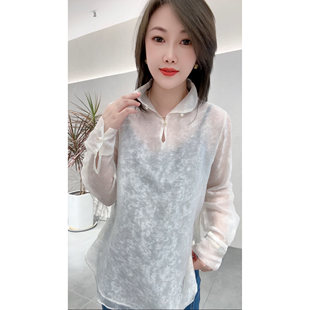 2026春季新款复古欧根纱衬衫女新中式半高领气质长袖国风上衣潮