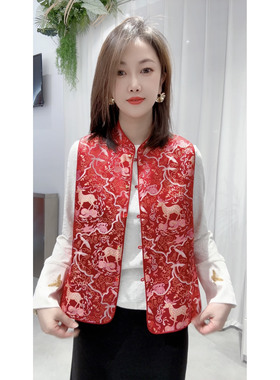 【马上红运】复古缎面提花新中式马甲背心女2026春款国风上衣马夹