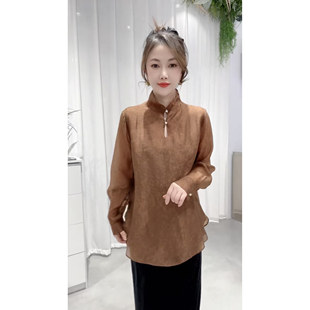 2026新款复古印花欧根纱衬衫女新中式半高领气质长袖国风上衣潮