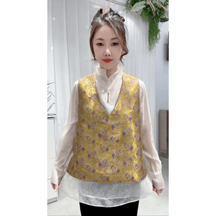 【紫金鎏马】新中式V领马甲背心短款坎肩织锦提花国风马夹春款