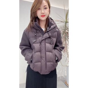 韩版针织拼接袖连帽泡芙羽绒服女短款轻羽绒服多色