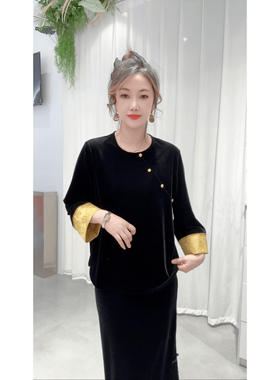 改良撞色盘后新中式国风丝绒衬衣2026春季高级长袖衬衫上衣圆领