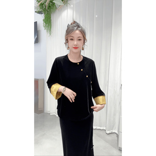 改良撞色盘后新中式国风丝绒衬衣2026春季高级长袖衬衫上衣圆领