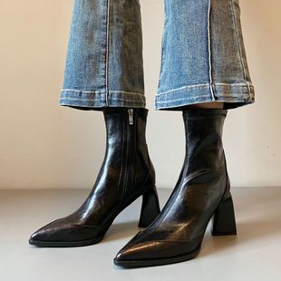 尖头软皮瘦瘦靴高跟显瘦短靴女侧拉链真皮气质感靴子冬季