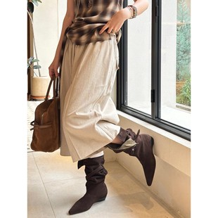 真皮复古小众设计堆堆短靴女2025新款两穿V字扣带尖头西部牛仔靴