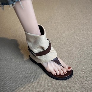 羊皮版~复古罗马夹趾凉靴女新款内增高绝美时尚高级感裤管靴短靴