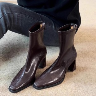 现货2025秋冬新款法式复古瘦瘦靴高跟粗跟短靴女小方头弹力靴