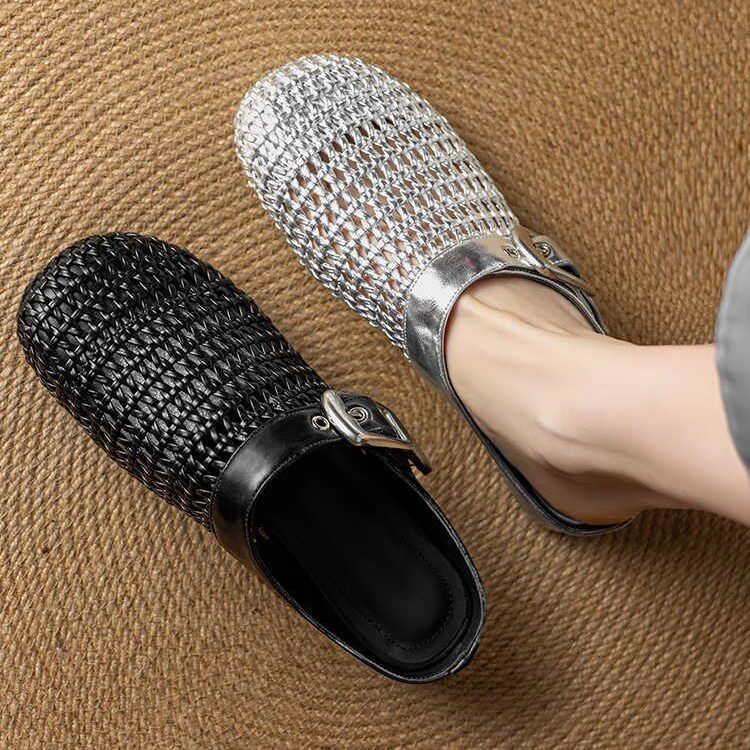 2.5cm高级感真皮包头半拖鞋2026新款春夏法式圆头外穿平底凉拖女