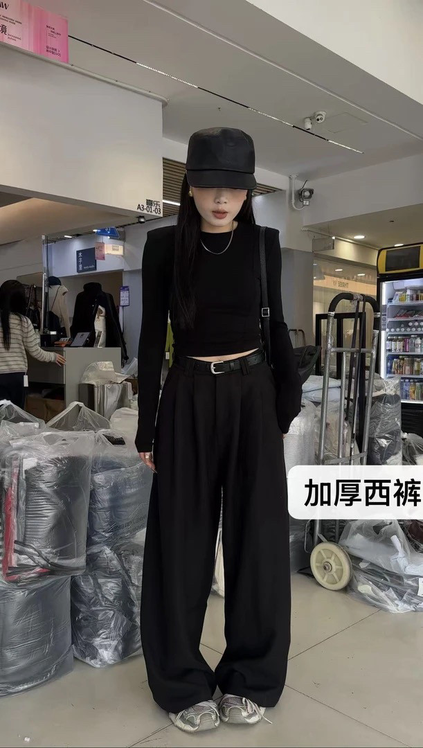 熊小姐穿搭2025年秋冬加厚阔腿褶皱百搭宽松版西装裤阔腿裤