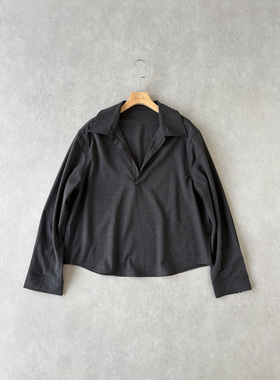 H1c 暮影*半开襟V领亚麻混纺肌理套头长袖衬衫 短阔剪裁/松弛优雅