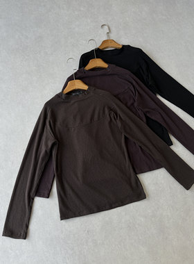 H1c 渊环*竹节纹理微修身弹力长袖T恤 解构分割/柔软亲肤/异形领