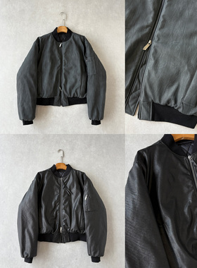 H1c 力量*廓形MA1 Bomber短款皮衣棉服 油亮黑/蜡染灰/肩型修饰