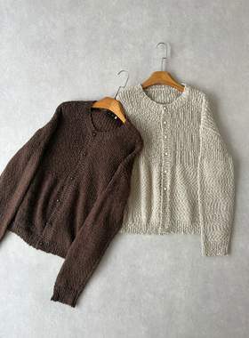 H1c 40羊毛*镂空编织肌理拼接轻薄开衫毛衣 珍珠扣/优雅老钱