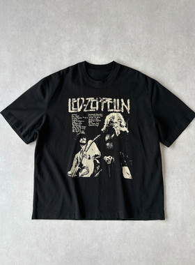 H1c 齐柏林飞艇乐队* 摇滚做旧印花270g纯棉短袖 短款Boxy/小领口