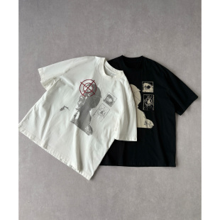 Boxy短宽 H1c 人像印花小领口纯棉230g短袖 Shot 磨毛做旧 靶心