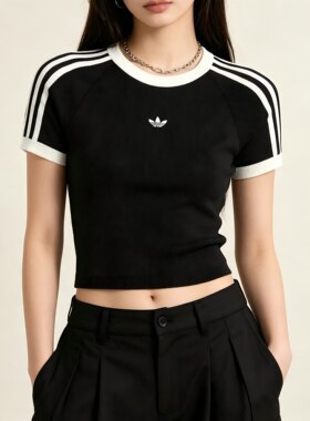 adidas针织运动修身条纹圆领短袖插肩袖T恤女款黑色JI7048