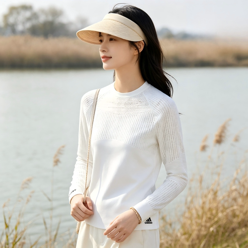 adidas字母印花圆领修身长袖针织衫日版女款白色HB3570