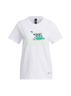 adidas卡通熊猫字母Logo印花运动休闲落肩袖T恤 女款 白色IP3935