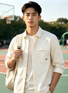 Nike纯色内搭梭织排扣长袖衬衫春季男款白色DM6640-104