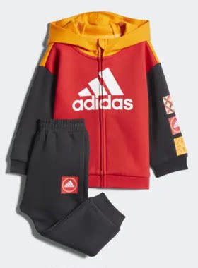 adidas运动套装图案拼接连帽外套松紧腰束脚儿童款HC2740