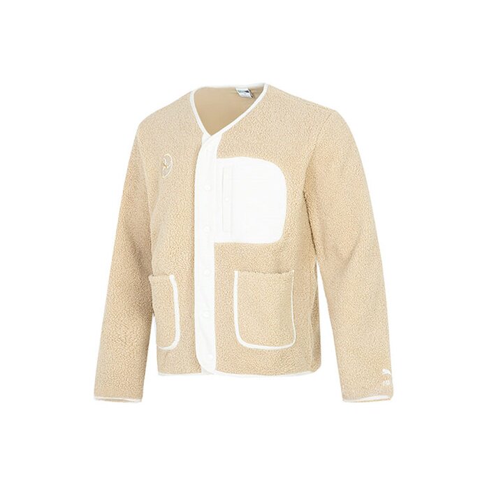 PUMA拼色口袋运动加绒休闲仿羊羔绒夹克 冬季男款卡其色539915-12